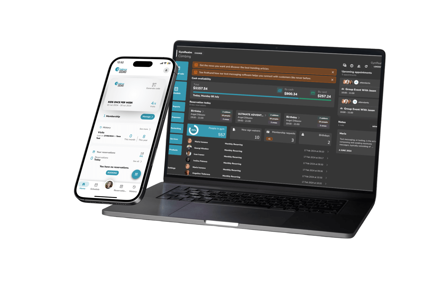 Таблото на GymRealm Manager на лаптоп и приложението за членове на телефон