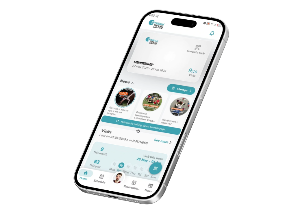 Gym membership app screen showing membership status and payments